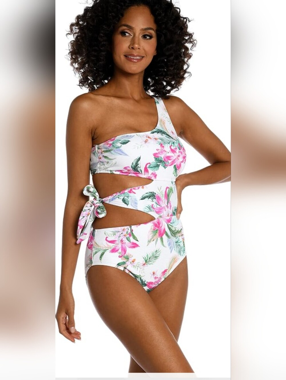 NWT LABLANCA Floral One-Shoulder Cutout One-Piece Swimsuit - White/Pink Size 10